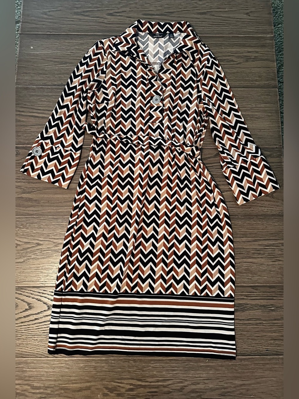 Mlle Gabrielle Chevron Midi Shirt Dress in Black, White & Brown